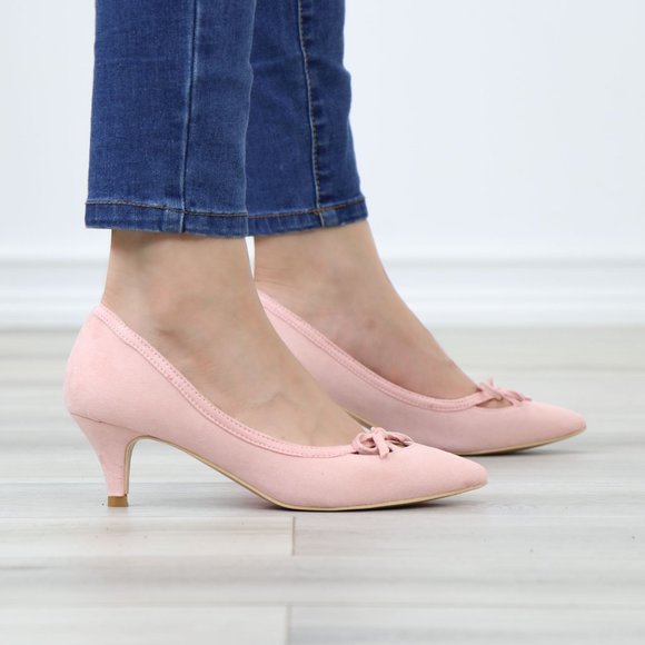 Pink Bow Vintage Style Pointed Toe Faux Suede Kitten Low Heel Shoes - Picture 6 of 13